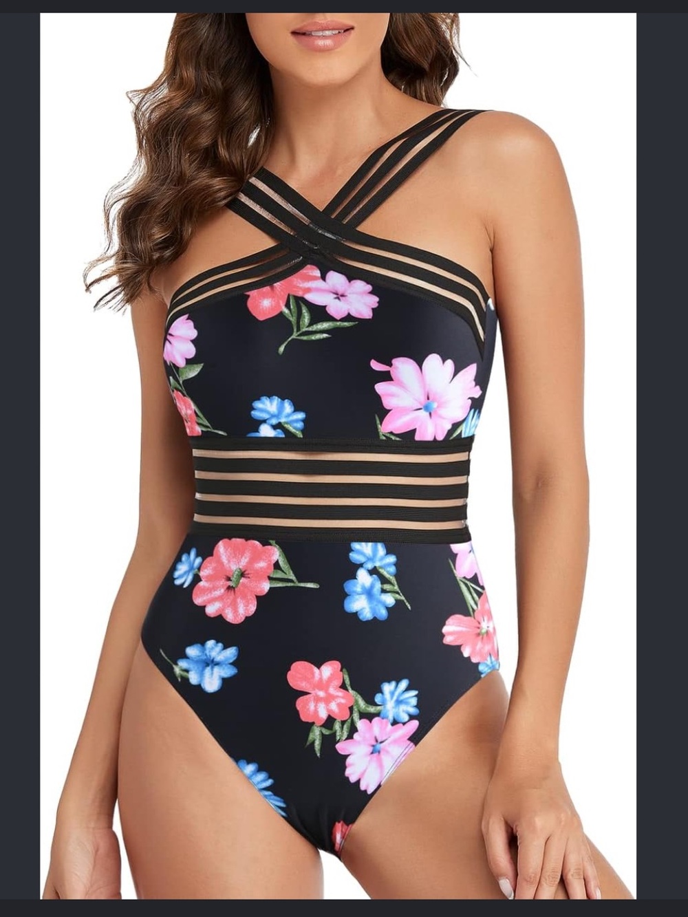 Hilor Floral One Piece Swimsuit XXL 16 Black Strappy Mesh NWT